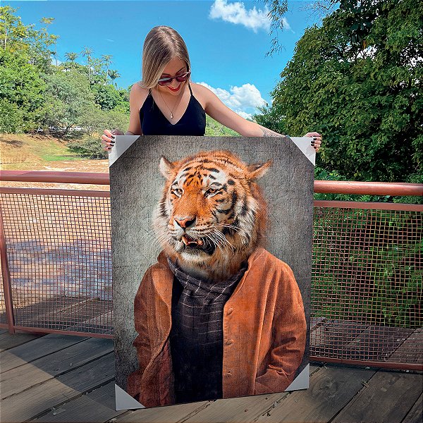 Quadro Decorativo Canvas Animal Silvestre Tigre Sério Perfil de Jaqueta e Cachecol