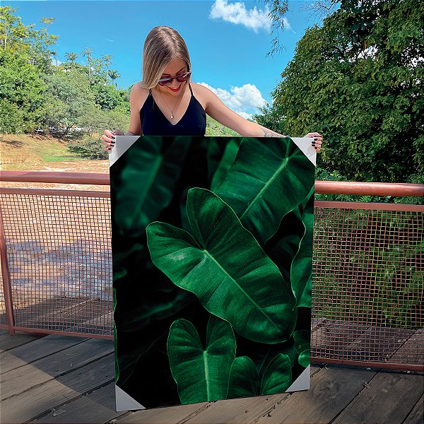 Quadro Decorativo Canvas Botânico Folhas Verdes Fundo Preto