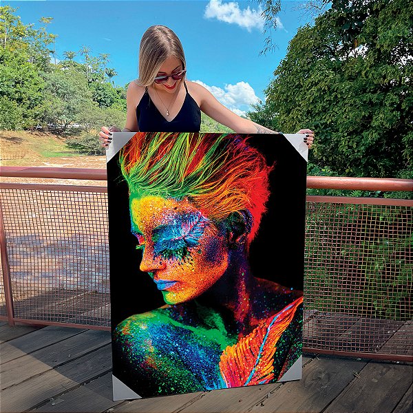 Quadro Decorativo Canvas Beleza Feminina Mulher com Maquiagem Neon Fundo Preto