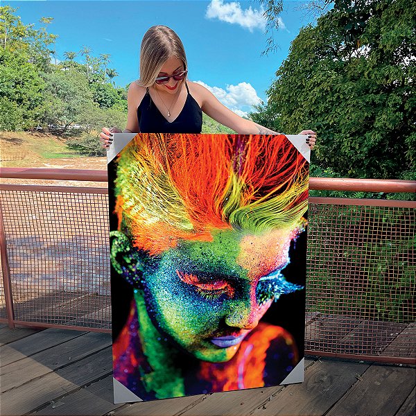 Quadro Decorativo Canvas Beleza Feminina Mulher com Maquiagem Neon Fundo Preto