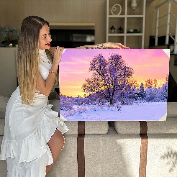 Quadro Decorativo Flutuante Amanhecer Floresta de Pinheiro Neve de Inverno