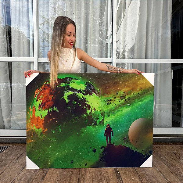 Quadro Decorativo Canvas Composição Abstrata de Astronauta sobre Rocha Olhando para um Planeta Horizontal