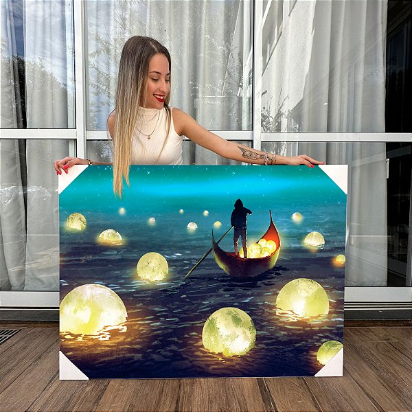 Quadro Decorativo Canvas Composição Abstrata de Barco no Mar com Luas Boiando Horizontal