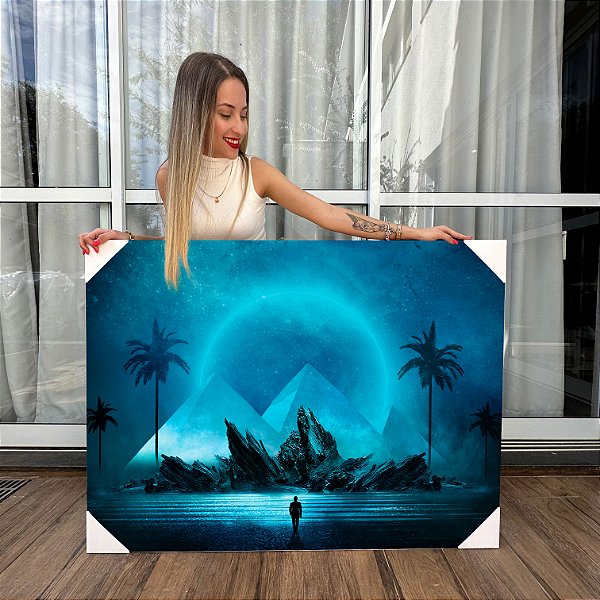 Quadro Decorativo Canvas Paisagem Abstrata Noturna Futurística na Floresta Sob Luar Horizontal