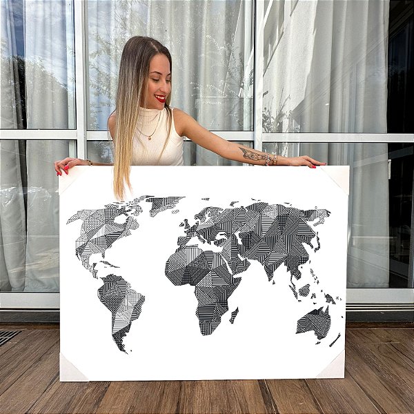 Quadro Decorativo Canvas Asbtrato Mapa Mundi Vintage Branco Horizontal