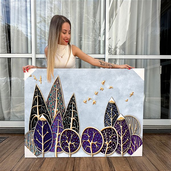 Quadro Decorativo Canvas Asbtrato Composição de Folhas Abstratas Com Detalhes em Dourado Horizontal
