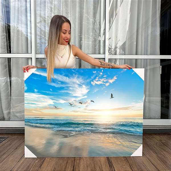 Quadro Decorativo Canvas Paisagem Gaivotas Sobrevoando A Praia Horizontal
