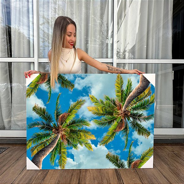 Quadro Decorativo Canvas Paisagem Tropical Copa De Palmeiras Ao Céu Azul Horizontal