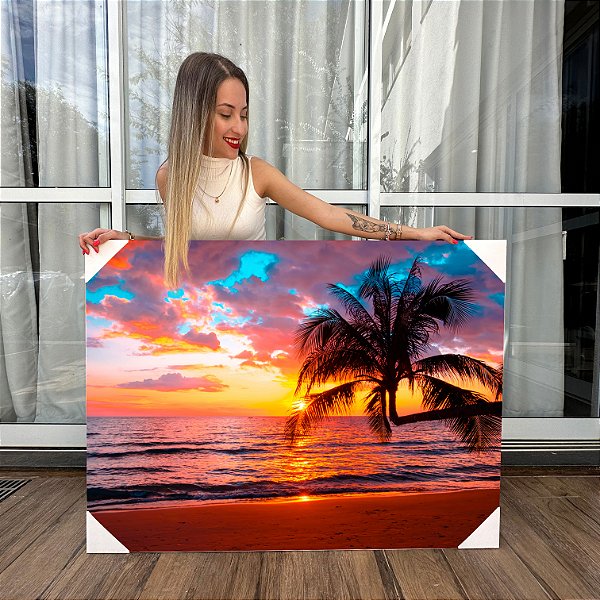 Quadro Decorativo Canvas Paisagem Pôr Do Sol Colorido Na Beira Da Praia Horizontal