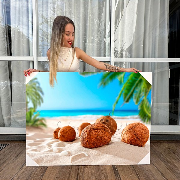 Quadro Decorativo Canvas Paisagem Tropical Côcos Na Areia À Praia Horizontal