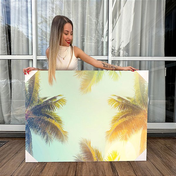 Quadro Decorativo Canvas Paisagem Coqueiros Iluminados Ao Fundo De Céu Azul Horizontal