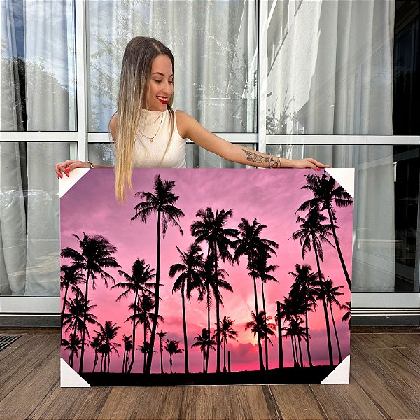 Quadro Decorativo Canvas Sombras De Palmeiras Ao Céu Rosa Entardecer Horizontal