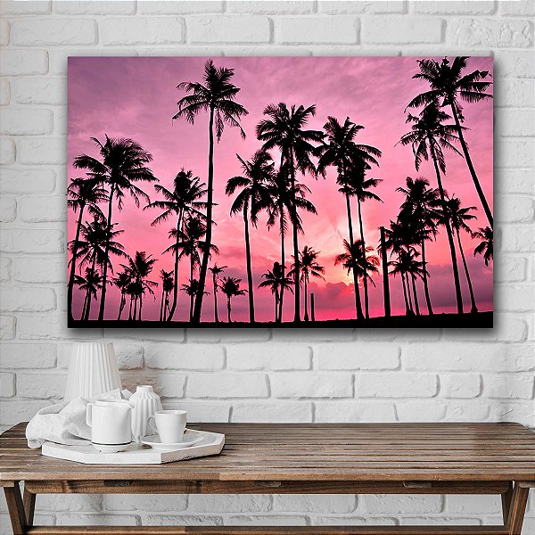 Quadro Decorativo Flutuante Sombras De Palmeiras Ao Céu Rosa Entardecer Horizontal