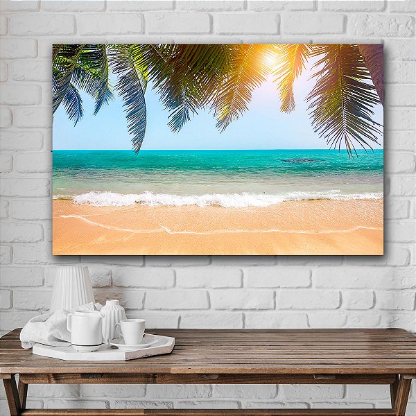 Quadro Decorativo Flutuante Paisagem Tropical Folhas De Palmeira À Beira Da Praia Horizontal