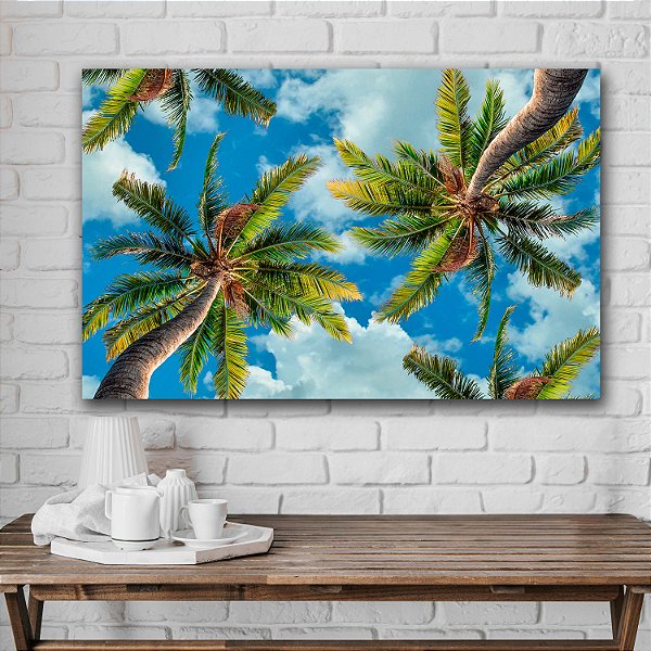 Quadro Decorativo Flutuante Paisagem Tropical Copa De Palmeiras Ao Céu Azul Horizontal