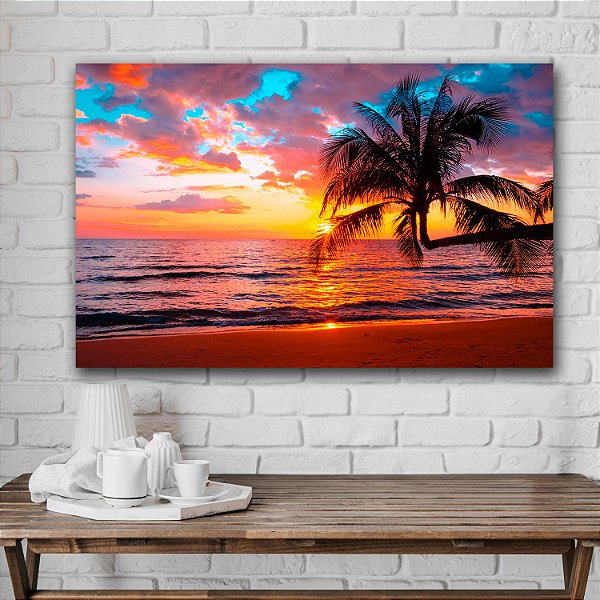 Quadro Decorativo Flutuante Paisagem Pôr Do Sol Colorido Na Beira Da Praia Horizontal