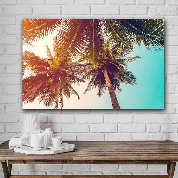 Quadro Decorativo Flutuante Paisagem Tropical Topo De Palmeiras Refletindo Luz Solar Horizontal