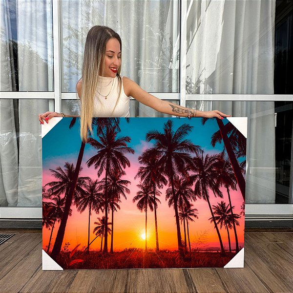 Quadros Decorativos Canvas Paisagem Sombra De Palmeiras À Colorido Por-Do-Sol Horizontal
