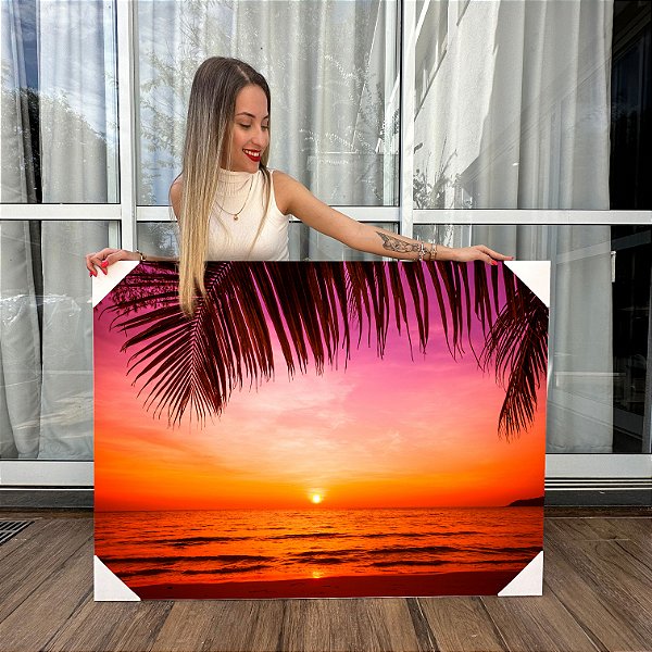Quadros Decorativos Canvas Folhas De Coqueiro Na Praia Ao Por-do-Sol Horizontal