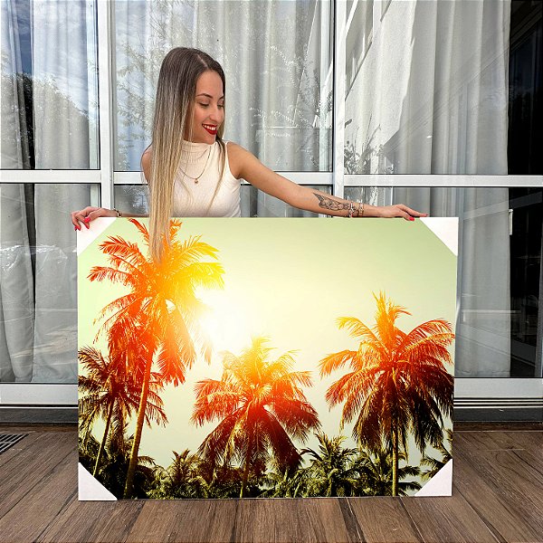 Quadros Decorativos Canvas Paisagem Tropical Topo De Palmeiras À Frente do Sol Horizontal