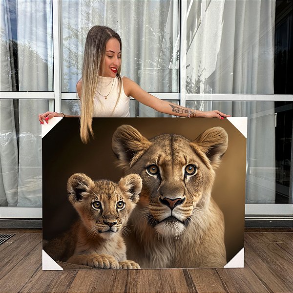 Quadro Decorativo Canvas Animais Leoa Com Seu Filhote Horizontal