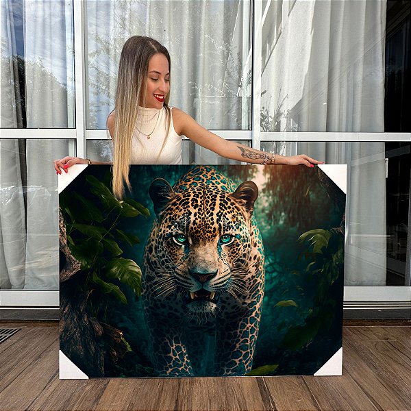 Quadros Decorativos Canvas Animais Selva Jaguar Com Olhos Azuis Na Floresta Horizontal