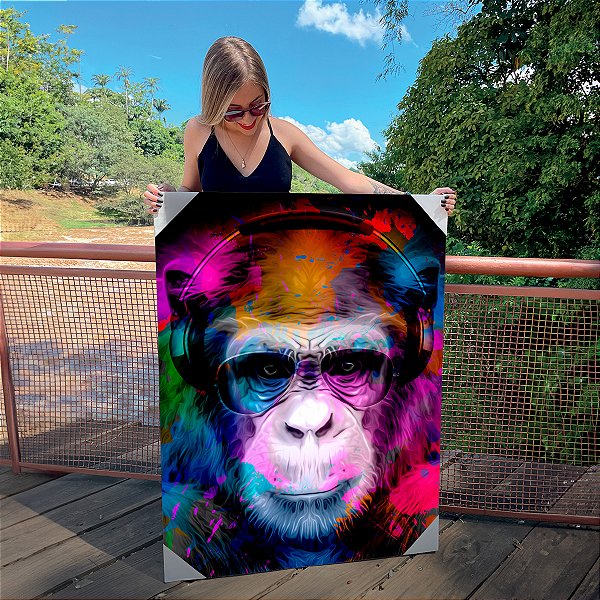 Quadro Decorativo Canvas Animal Pintura asbtrata de Macaco Colorido Vertical