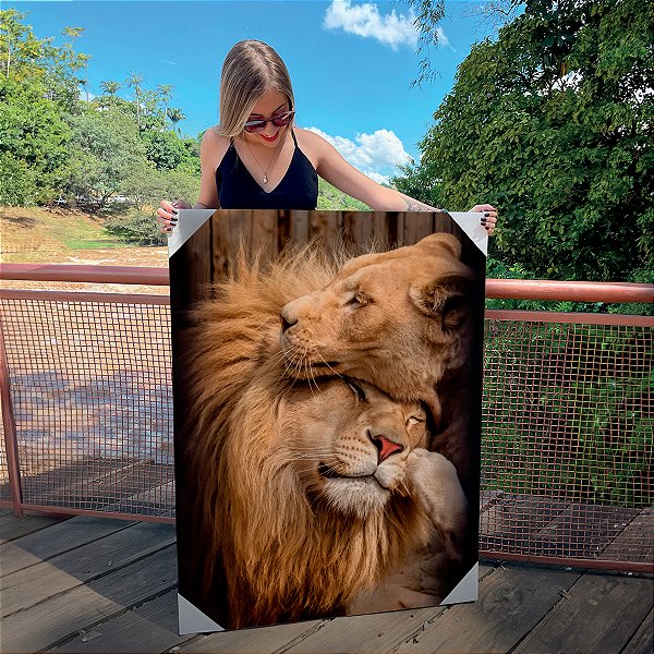 Quadro Decorativo Canvas Animais Selvagens Carinho da Familia Leão Vertical