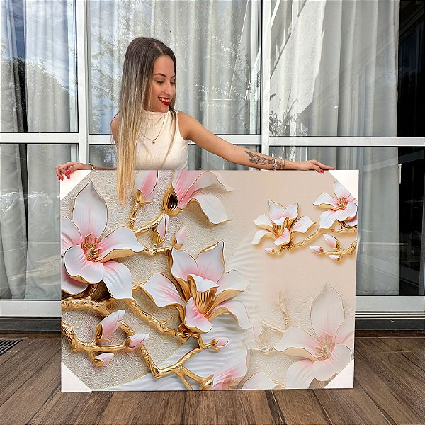 Quadro Decorativo Canvas Floral Flores Brancas Rosa e Dourado Moderno Horizontal