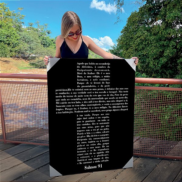 Quadro Decorativo Canvas Religioso Salmos 91 Letra Branca Vertical