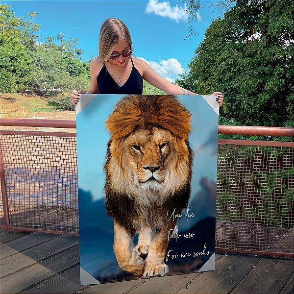 Quadro Decorativo Canvas Animal Selvagem Leão com Frase "um dia tudo isso foi um sonho" Vertical