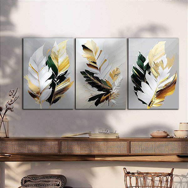 Quadros Decorativos Trio em Canvas Folhas Em Detalhes Coloridos Fundo Claro
