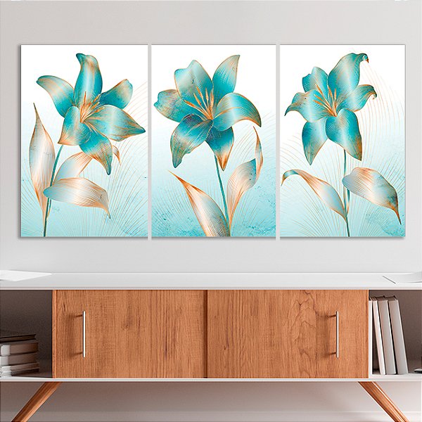 Quadros Decorativos Trio em Canvas Lírios Azuis Com Detalhes Dourados