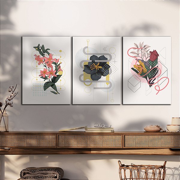 Quadros Decorativos Trio em Canvas Arte Abstrata Flores Coloridas Minimalistas
