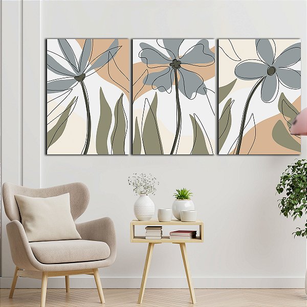 Quadros Decorativos Trio em Canvas Arte Abstrata Flores Cores Neutras