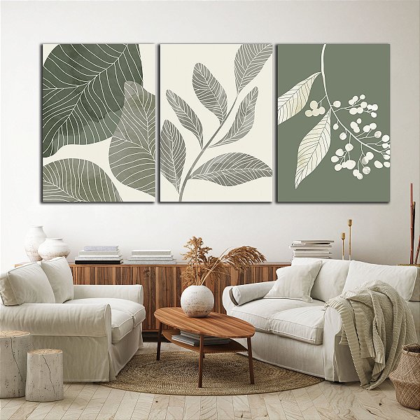 Quadros Decorativos Trio em Canvas Contorno de Folhas Tons Terrosos