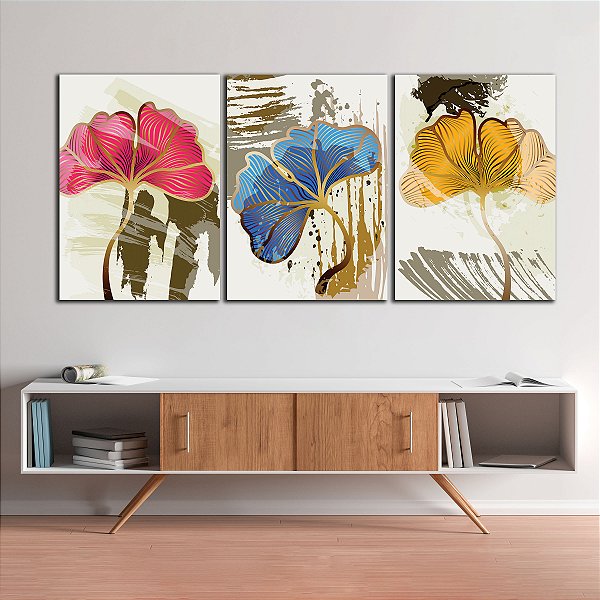 Quadros Decorativos Trio em Canvas Flores Abstratas Rosa Azul e Amarelo