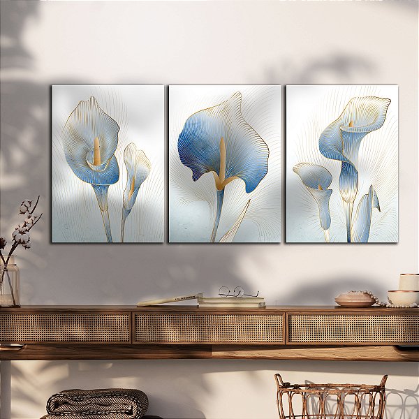 Quadros Decorativos Trio em Canvas Copo De Leite Royal Traços Dourados