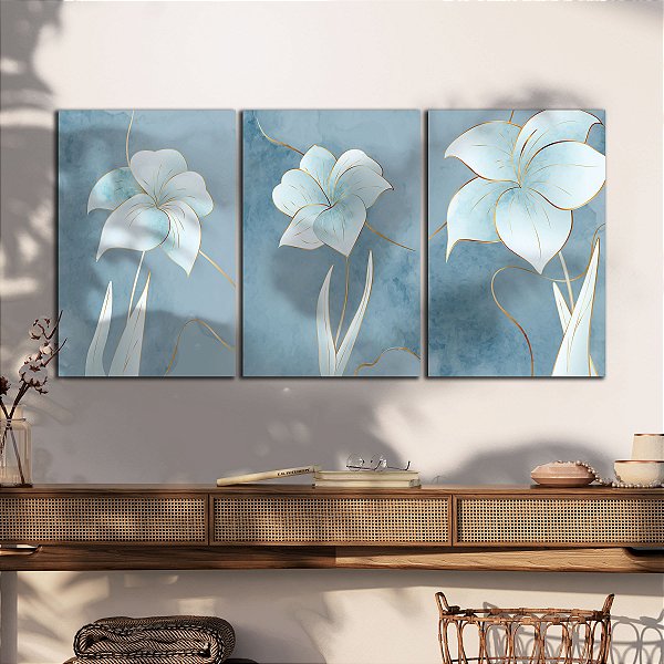 Quadros Decorativos Trio em Canvas Flores Azul Pastel com Detalhes Dourado