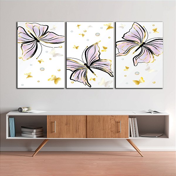 Quadros Decorativos Trio em Flutuante Arte Abstrata Borboletas Lilás Fundo Claro