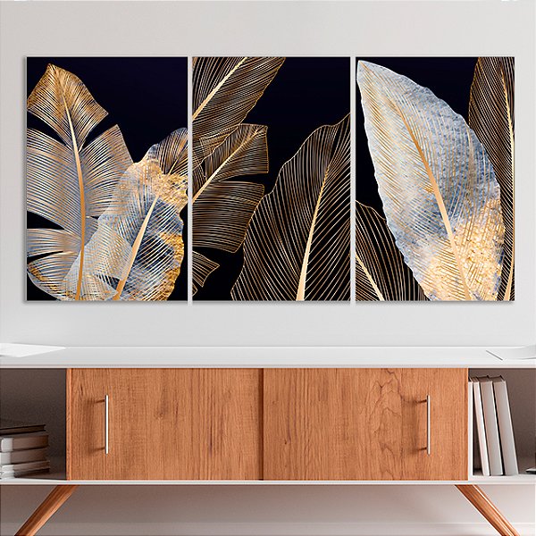 Quadros Decorativos Trio em Canvas Arte Abstrata Folhagem Dourada Moderna