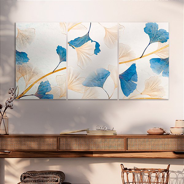 Quadros Decorativos Trio em Canvas Arte Flores Azuis e Douradas Pinceladas