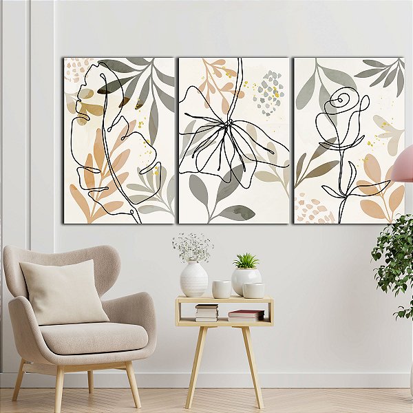 Quadros Decorativos Trio em Canvas Arte Floral Folhas Minimalistas Tons Terrosos