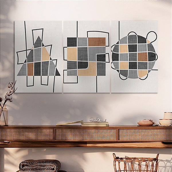 Quadros Decorativos em Canvas Arte Abstrata Formas Geométricas Encaixadas
