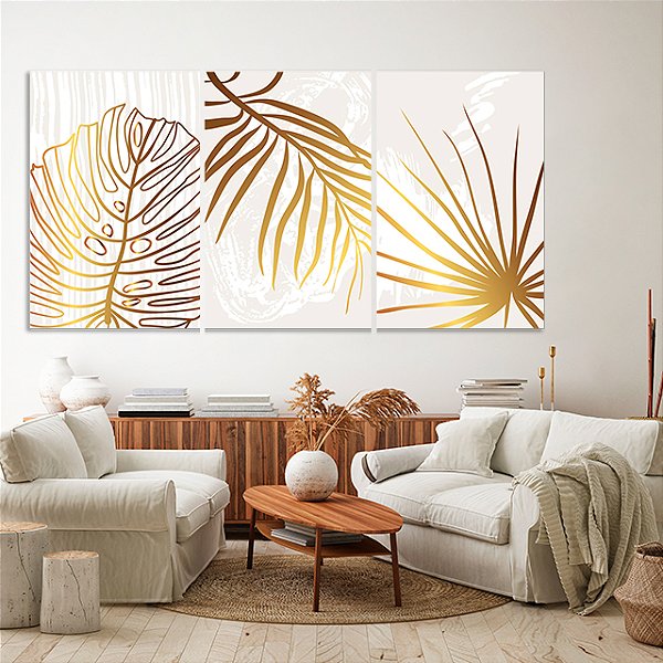 Quadros Decorativos Trio em Canvas Arte Abstrata Folhas Douradas em Tela Branca