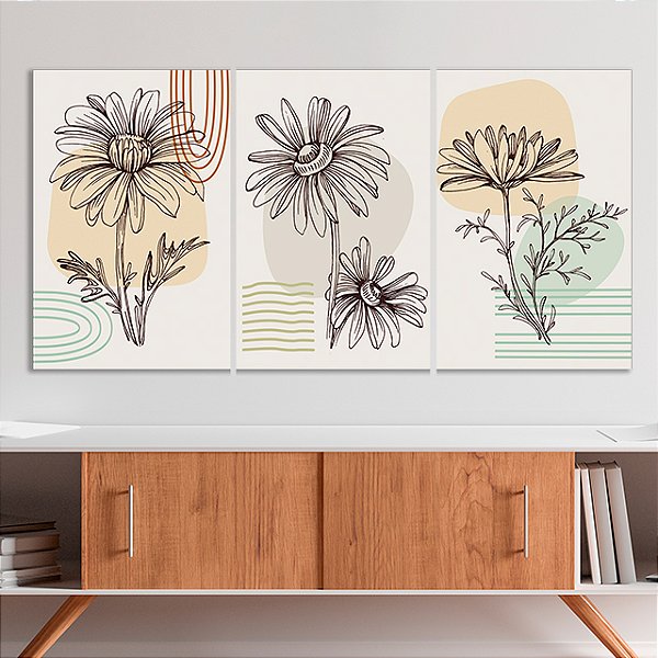 Quadros Decorativos Trio em Canvas Arte Abstrata Sombra de Flores Minimalistas