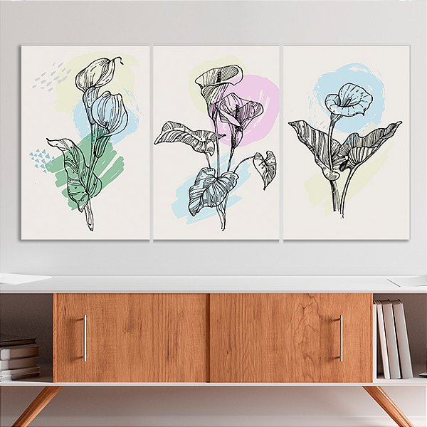 Quadros Decorativos Trio em Canvas Arte Abstrata De Flores Coloridas