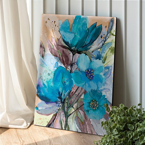 Quadro Decorativo Canvas Floral Flores Aquarela Azuis Vertical