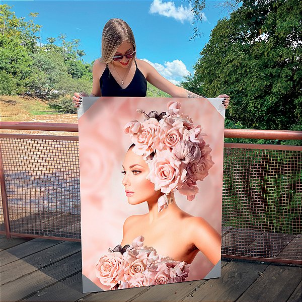 Quadro Decorativo Canvas Mulher Flores Rosa vertical