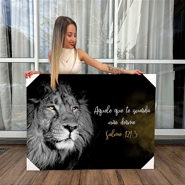 Quadro Decorativo Canvas Leão Aquele que te Guarda Não Dorme Salmo 121:3 Vertical